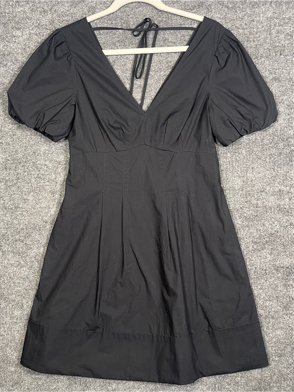 NEW Club Monaco Womens 0 Black Double‎ V Tie Back Dress LBD Puff Sleeve Pockets